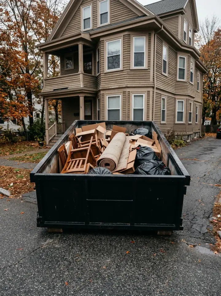 Black 10 yard dumpster half full of household junk in an Auburn MA driveway