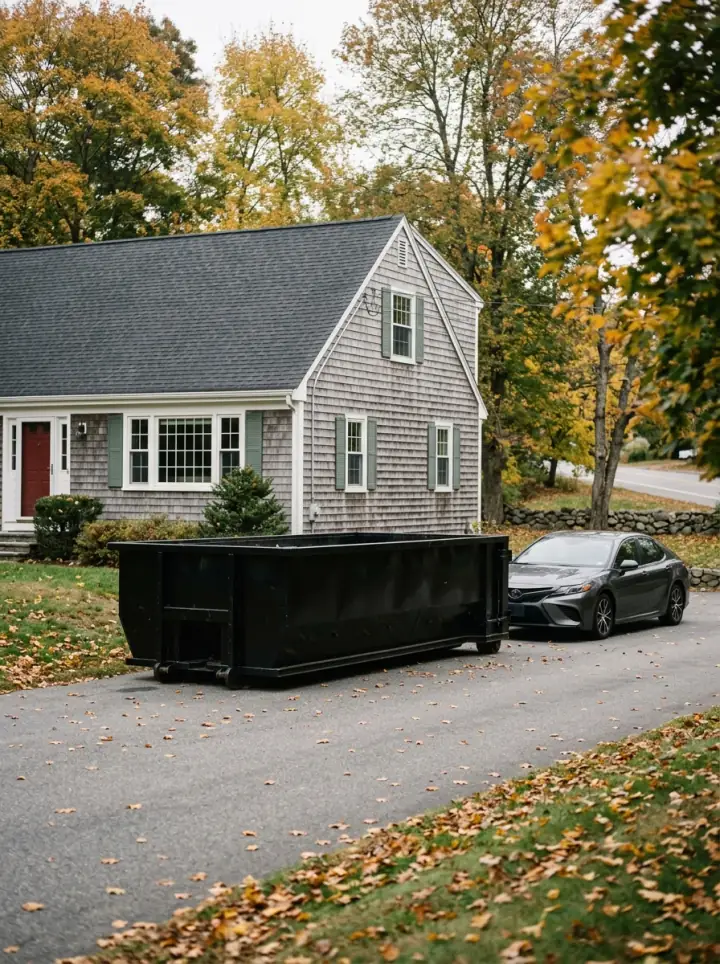 Empty black 10 yard roll off dumpster beside a sedan on an Auburn MA driveway