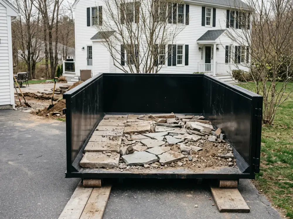 Broken pavers and bluestone from a patio tear out in a 10 yard dumpster in Auburn
