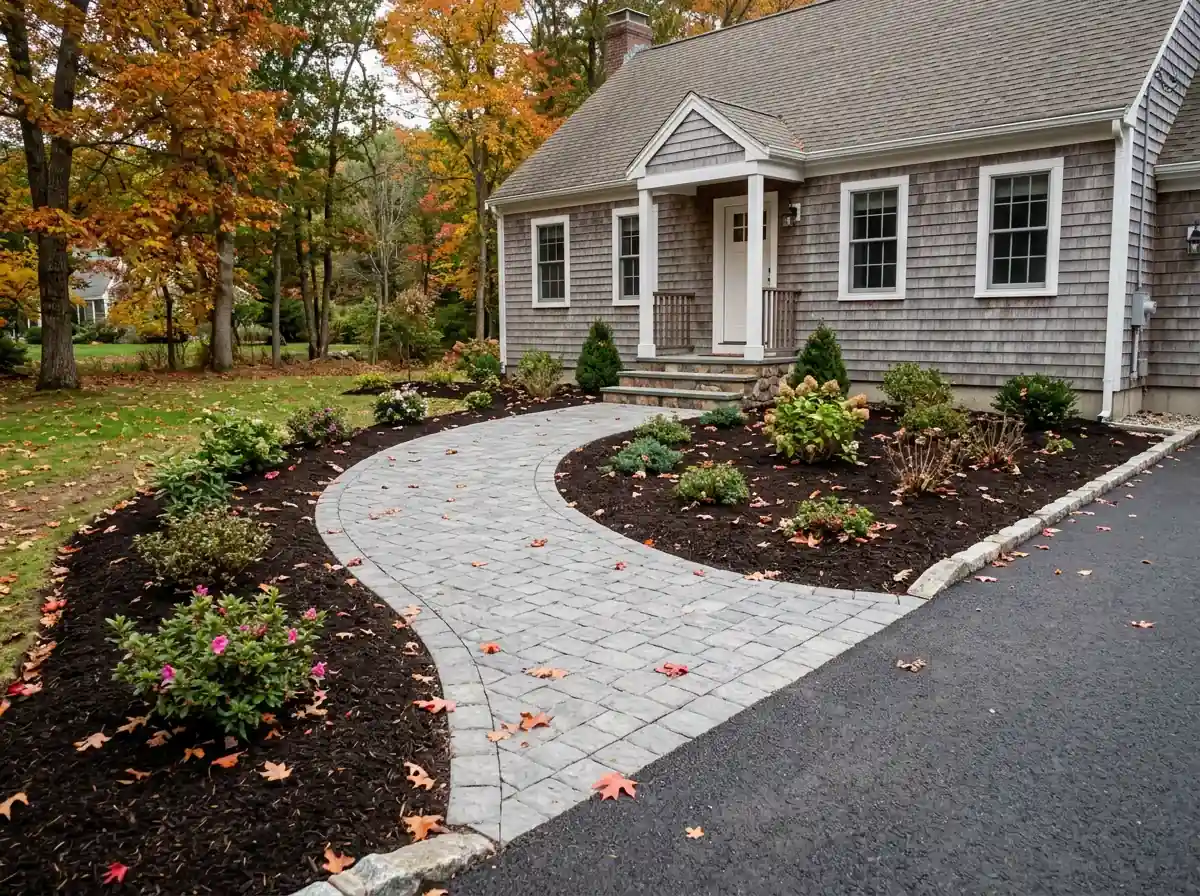 Paver walkway leading to the front steps of a cape house in Auburn, MA
