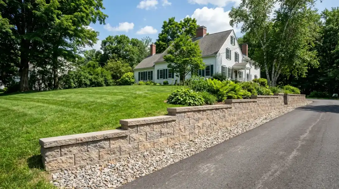 Block retaining wall holding back a sloped lawn beside a driveway in Auburn, MA