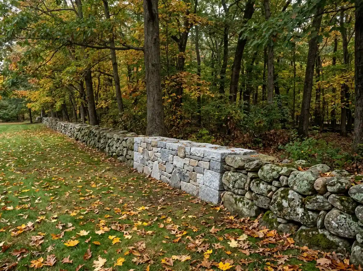 Stone wall repair on an old fieldstone wall along a yard in Auburn, Worcester County, MA