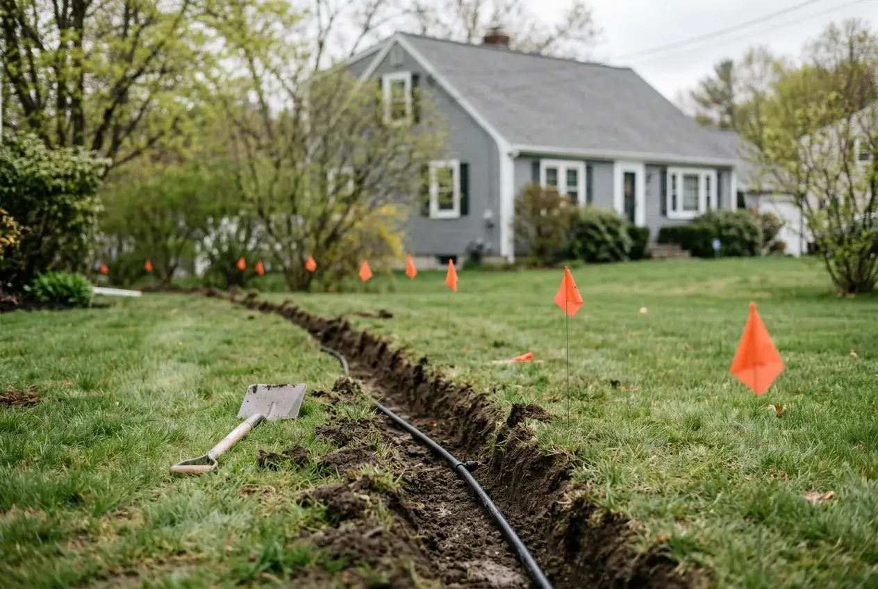 Narrow trench with irrigation pipe during a sprinkler system installation in Auburn, MA