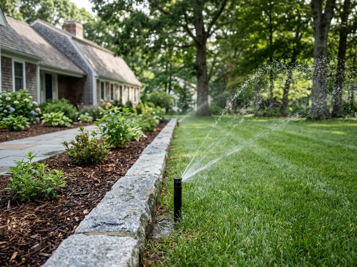 Pop-up sprinkler head watering a green lawn beside a granite edge in Auburn, MA