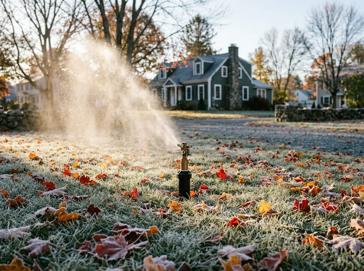 Sprinkler head misting during a fall sprinkler blowout on a frosty lawn in Auburn, MA