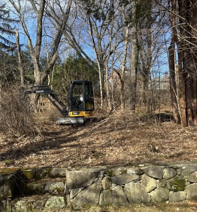 E'Bros mini excavator clearing land behind a fieldstone wall, land clearing near Auburn, MA