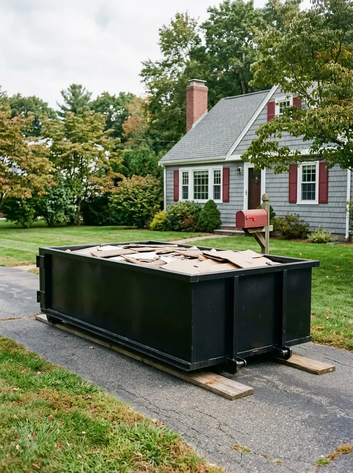 Dumpster rental reviews Auburn MA, black 10 yard roll off dumpster on wood boards in a driveway