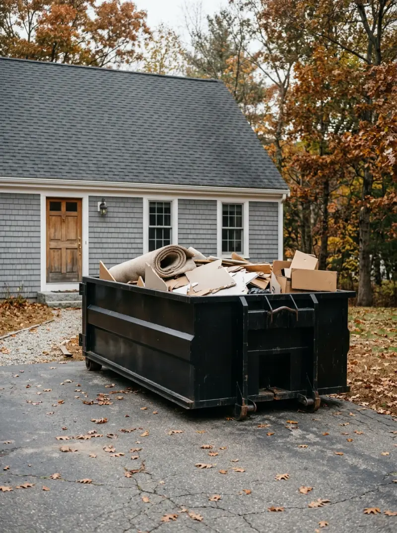 Black 10 yard rental dumpster filled with cleanout debris in a central MA driveway