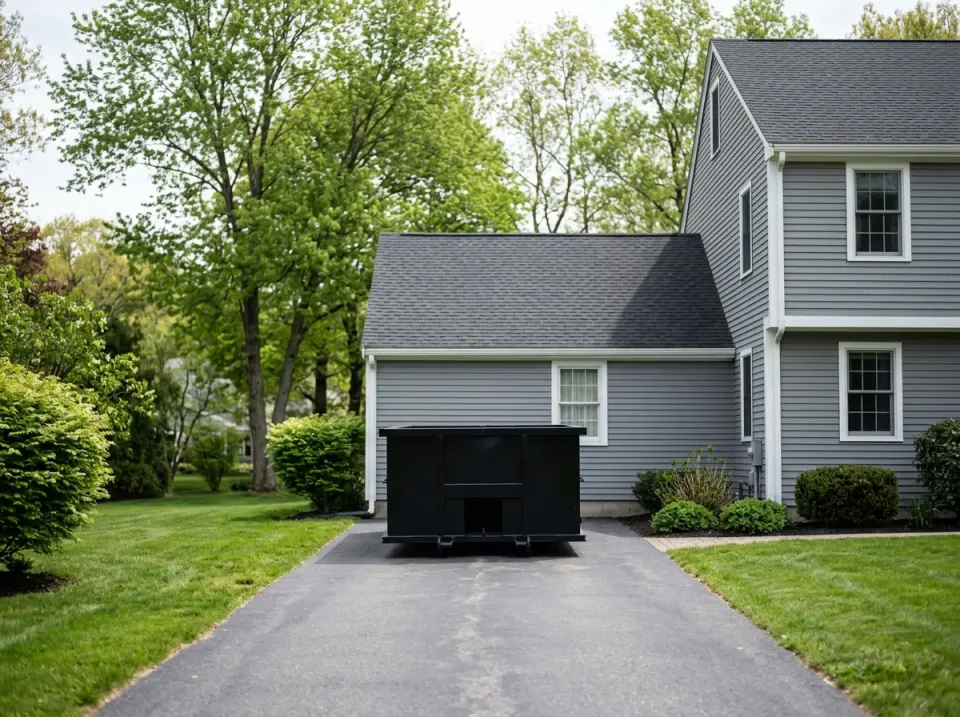 Black 10 yard dumpster on a colonial home driveway for dumpster rental in Auburn MA