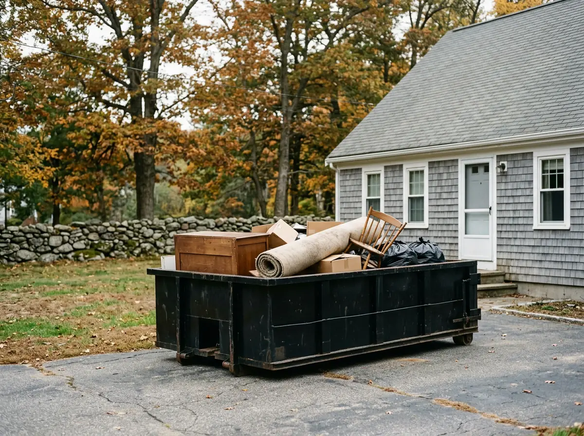 Black 10 yard dumpster loaded with a household cleanout in an Auburn MA driveway
