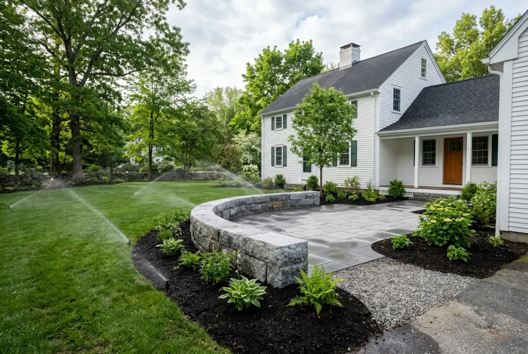 Paver patio, stone retaining wall and lawn sprinklers at a home in Auburn MA