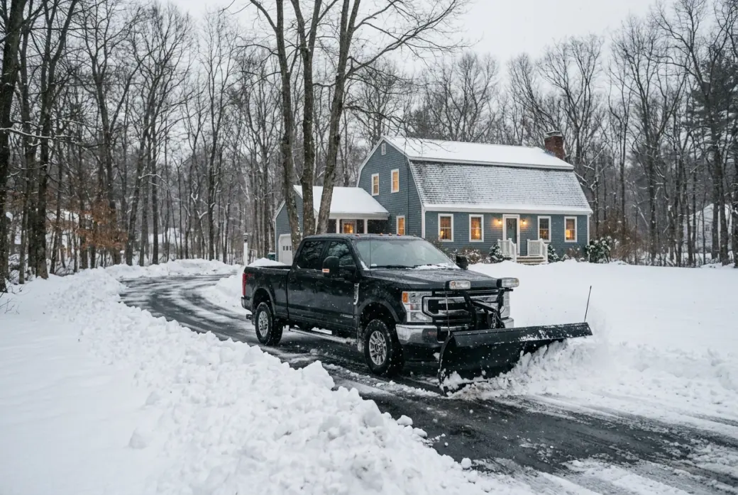 Pickup truck with a plow clearing a snowy driveway in Auburn MA
