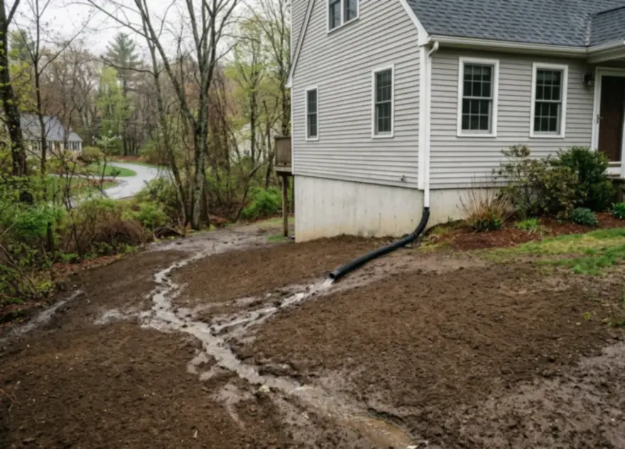 Yard regraded to slope away from a house foundation for drainage in Auburn, MA