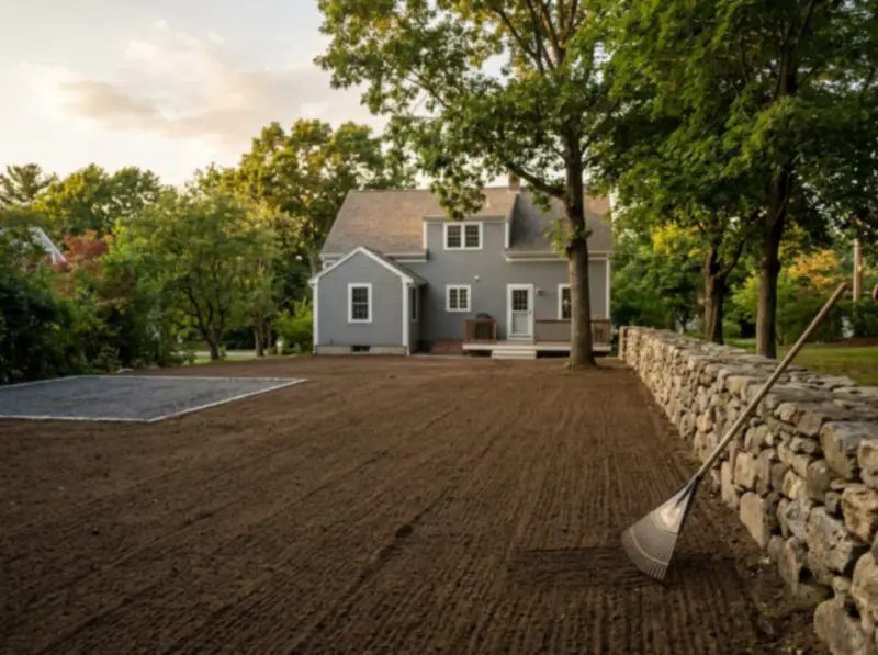 Finish graded yard ready for seed with a level shed pad in Auburn, MA