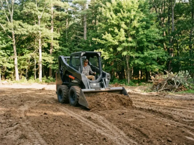 Skid steer rough grading fill dirt across a cleared backyard lot in Auburn, MA
