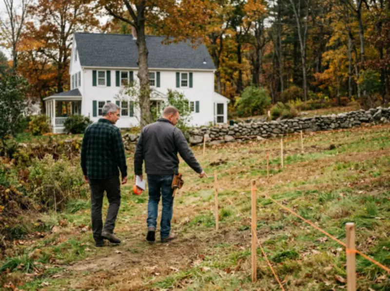 Contractor and homeowner walking a sloped yard before site grading in Auburn, MA