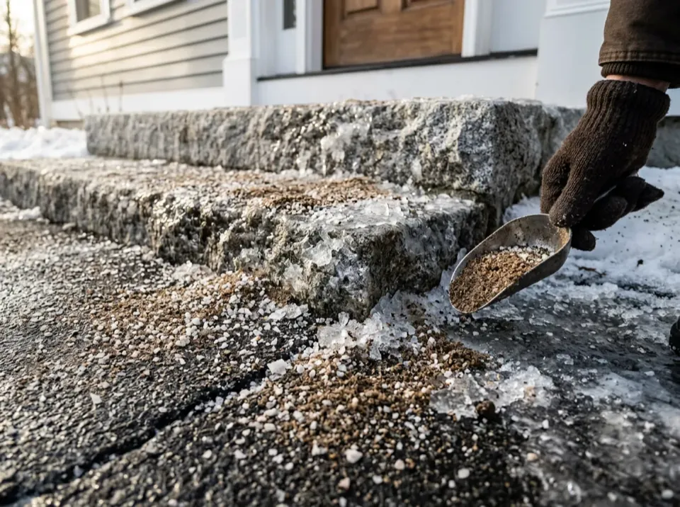 Salt and sand spread on icy front steps for ice management in Auburn, MA