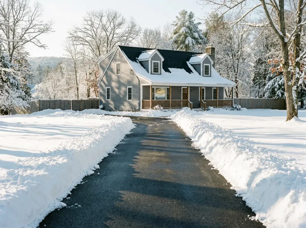 Freshly plowed driveway beside a cape house after snow plowing in Auburn, MA
