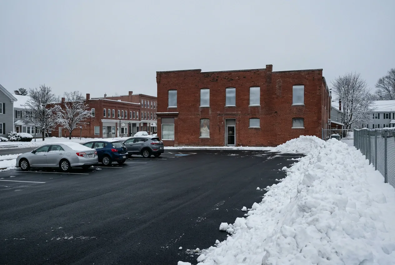 Plowed small business parking lot after commercial snow removal in Auburn, MA