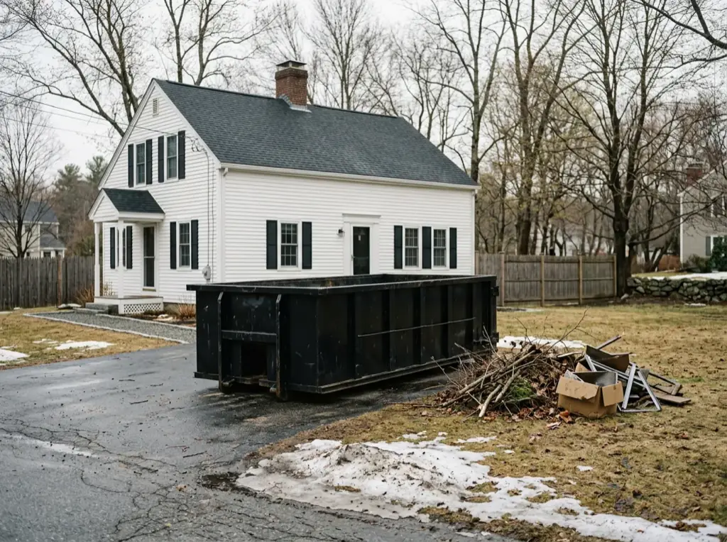Black 10 yard dumpster in a driveway for spring cleanup in Auburn, MA