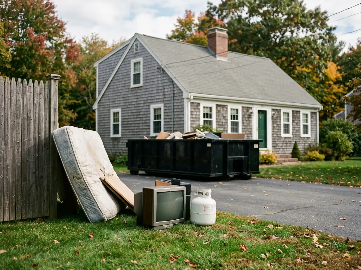 Mattress, old TV and propane tank set aside beside a dumpster in Auburn MA