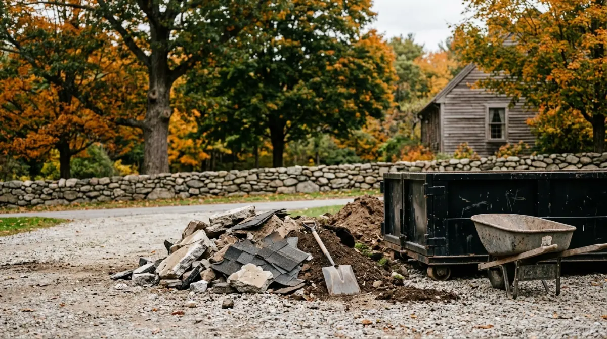 Broken concrete, dirt and old shingles beside a 10 yard dumpster in Millbury MA