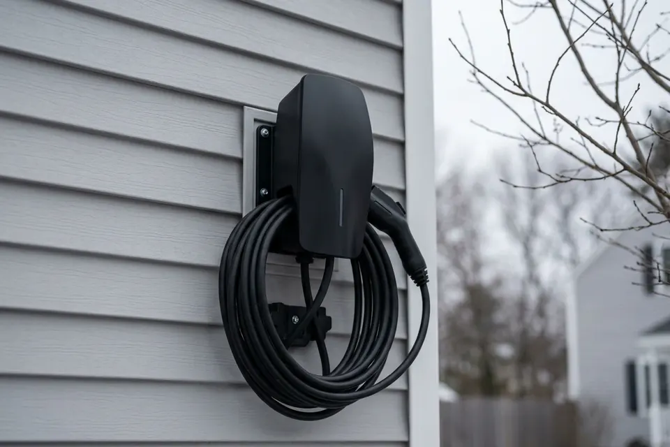 Level 2 EV charger mounted on a garage wall