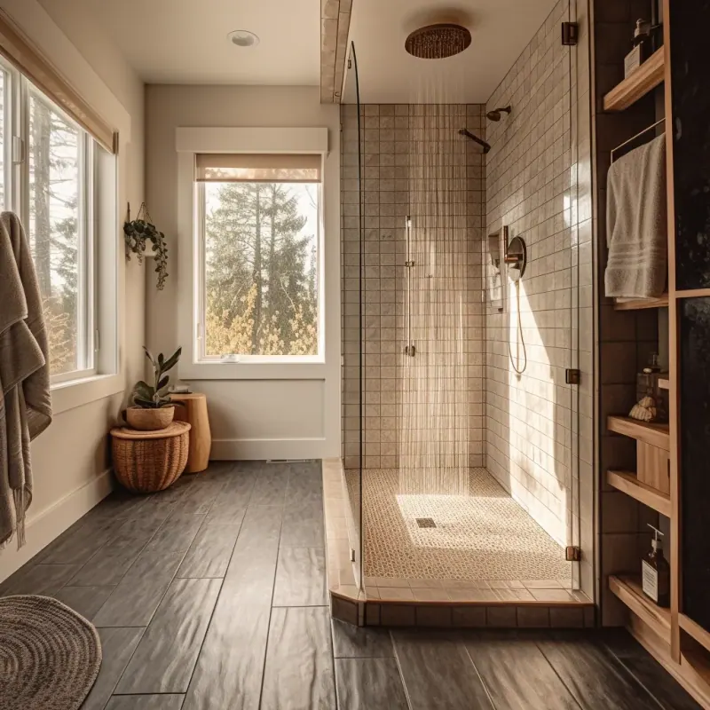 Renovated bathroom with a tiled walk-in shower