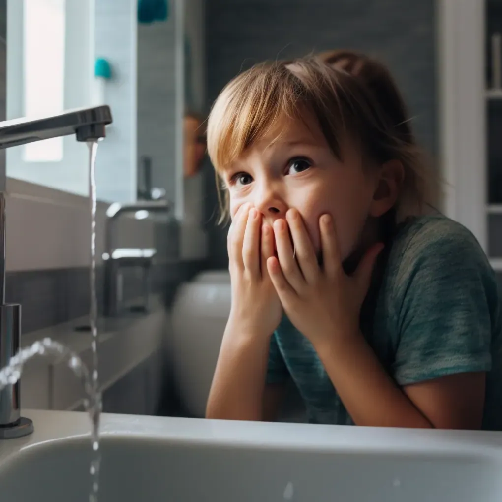 Child surprised by water spraying from a bathroom faucet