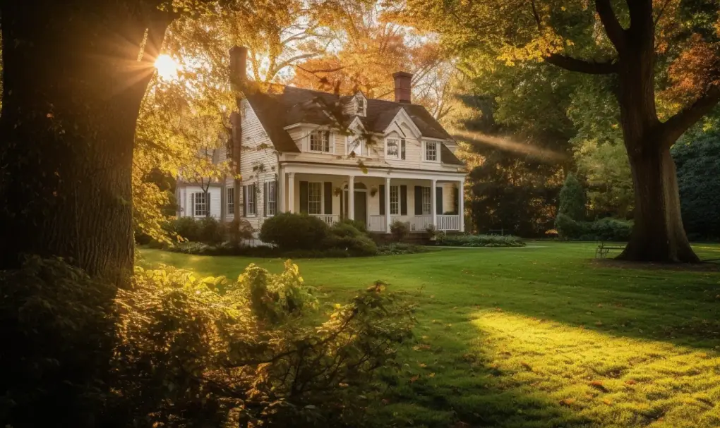 Colonial home with a sunlit front lawn