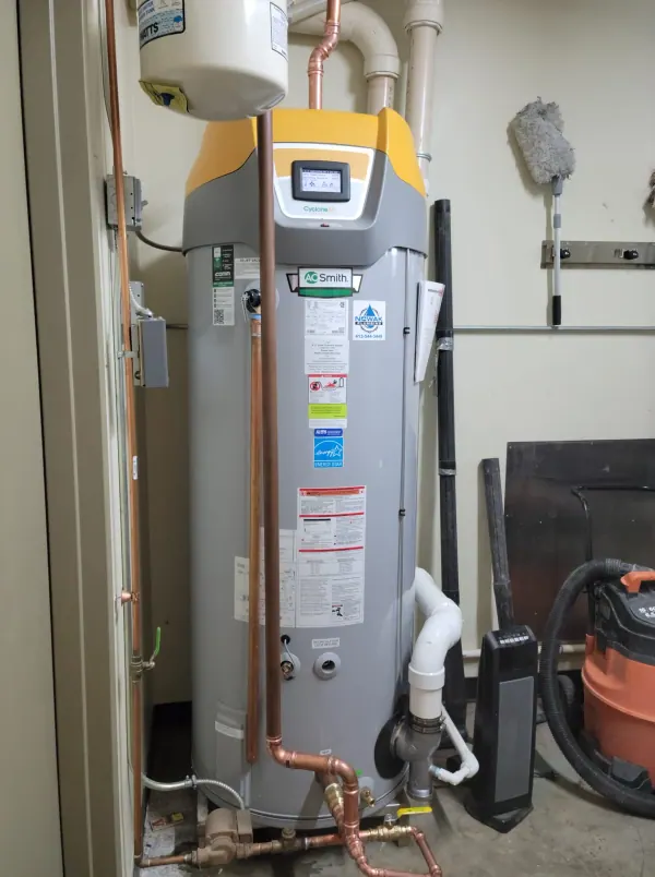 High-efficiency gas water heater installed by Nowak Plumbing