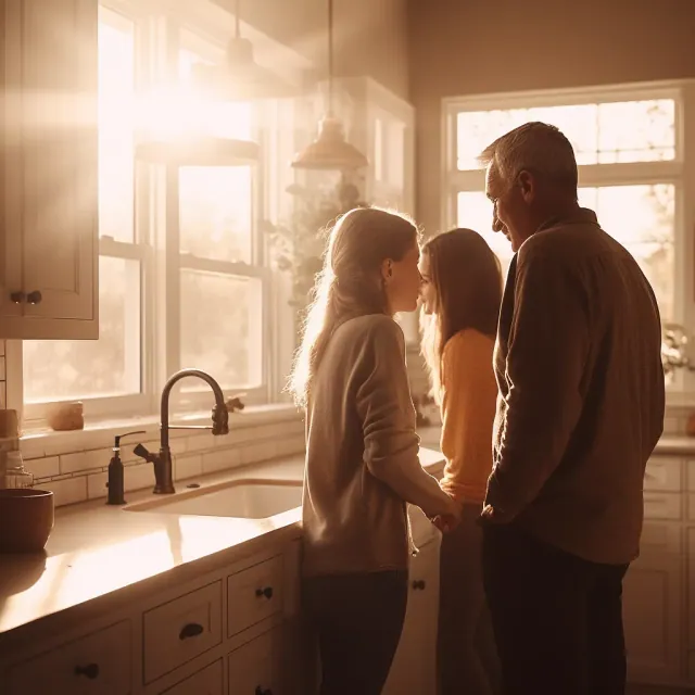 Family standing together in a sunlit kitchen