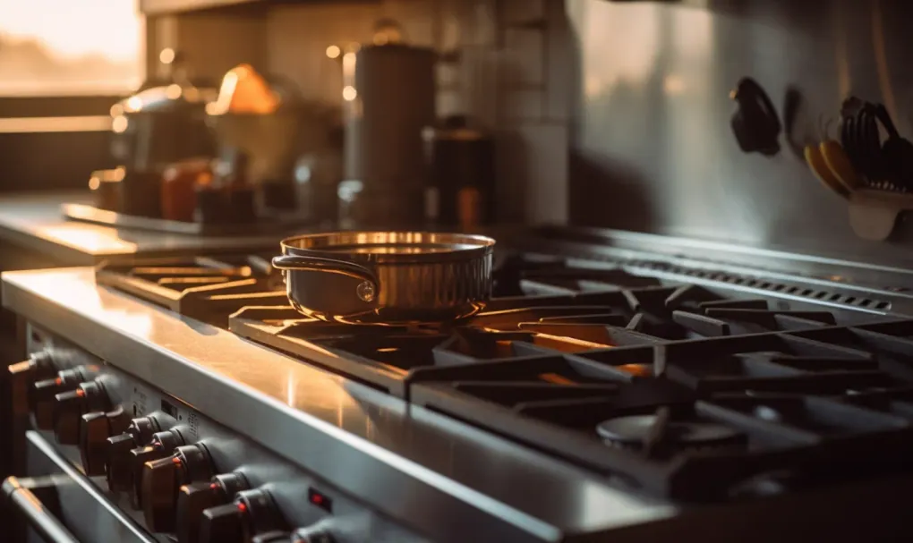 Close-up of gas range burners with a pot on the stove