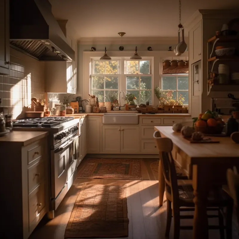 Sunlit farmhouse kitchen with a gas range and sink