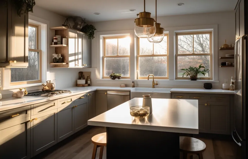 Sunlit kitchen with a gas range and an island