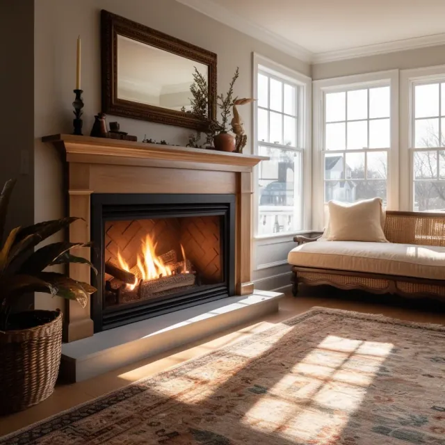Living room with a lit gas fireplace