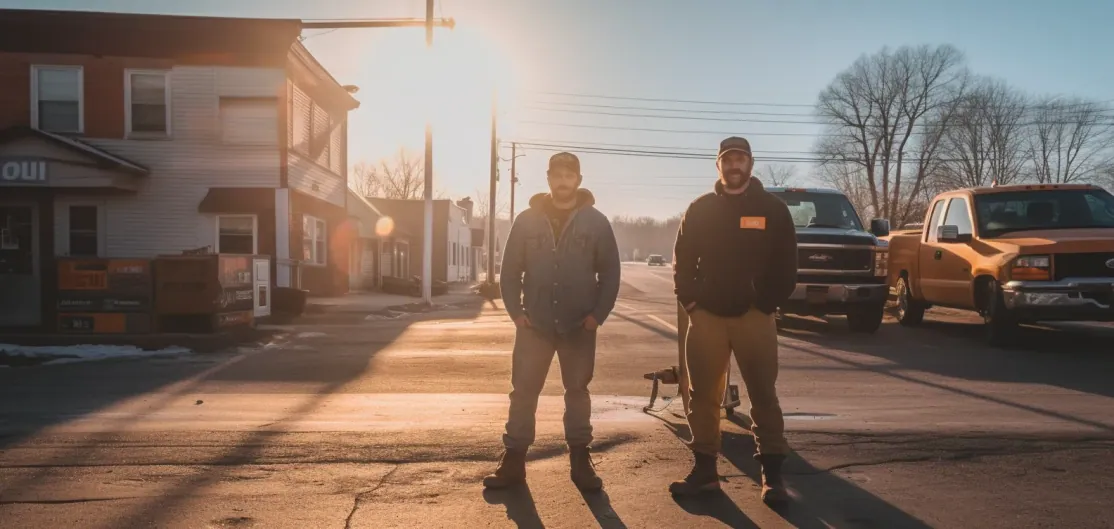 Two Nowak Plumbing plumbers standing on a Worcester County street at sunrise