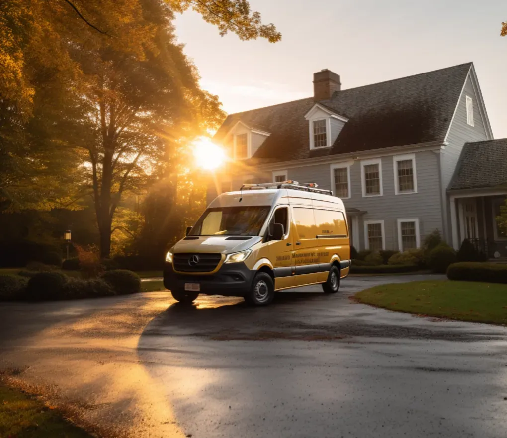 Nowak Plumbing service van parked outside a colonial home at sunrise