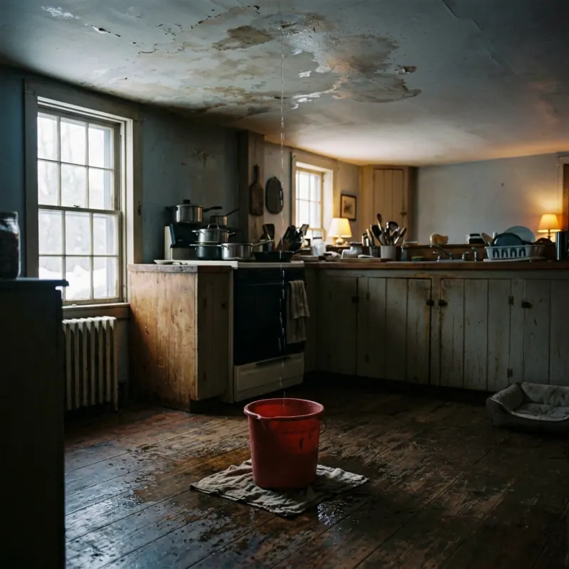 Water dripping from a stained kitchen ceiling into a bucket in a Charlton, MA home