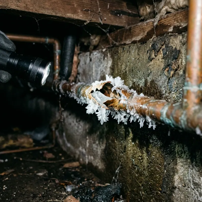 Split frozen copper pipe in a cold crawl space in Charlton, MA