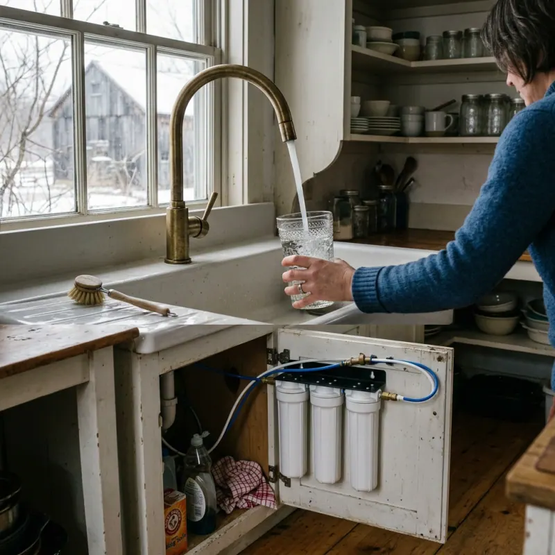 Glass of filtered well water at a farmhouse kitchen sink in Charlton, MA