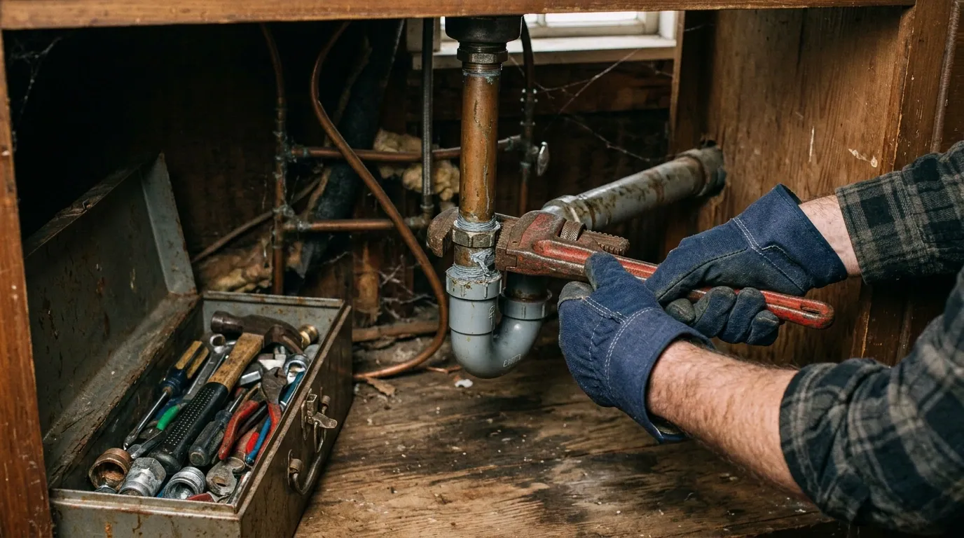 Plumber fixing the drain under a kitchen sink in an older Charlton, MA farmhouse