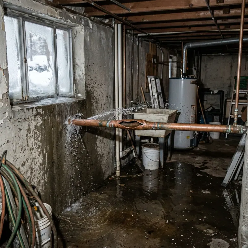 Split copper pipe spraying water in a Douglas, MA basement in winter