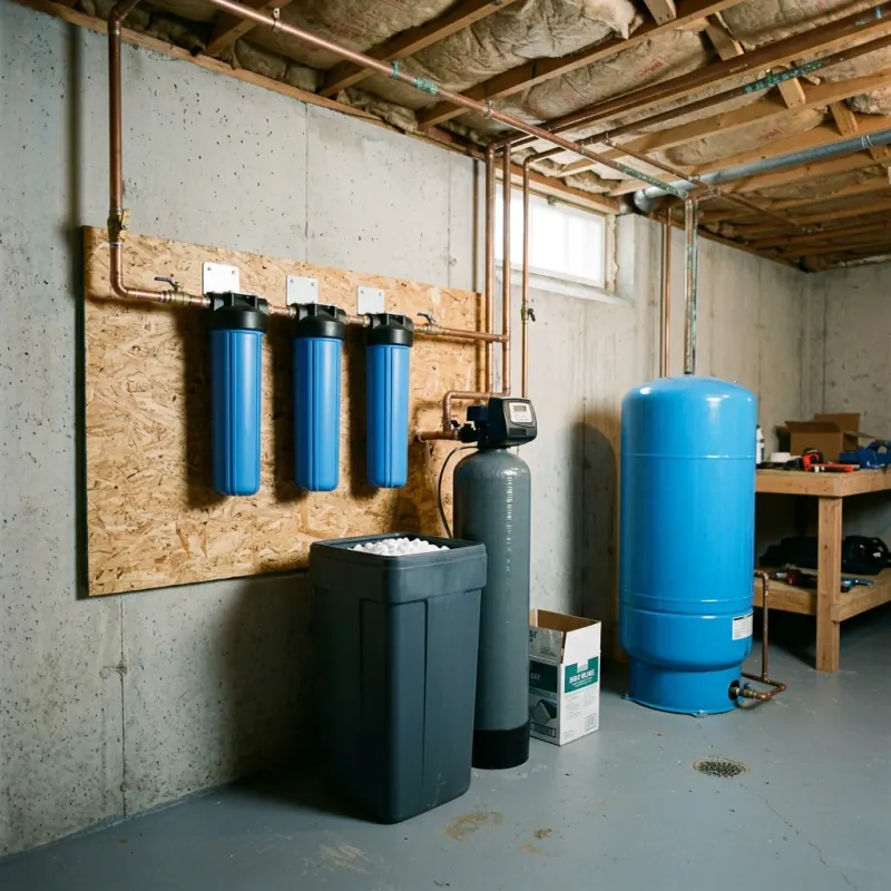 Whole house water filtration system on well water plumbing in Douglas, MA