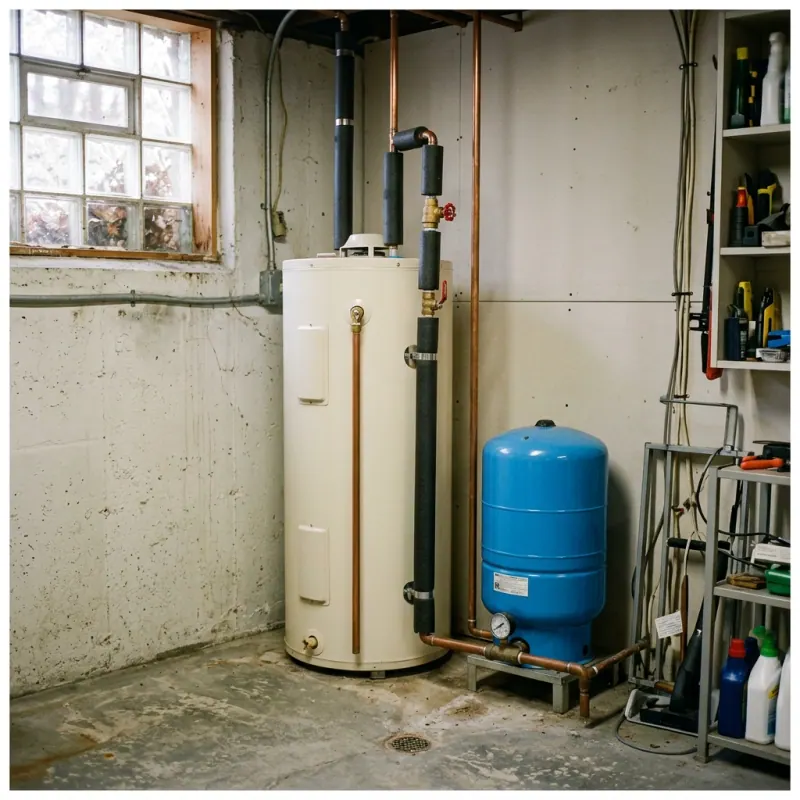Tank water heater next to a well pressure tank in a Douglas, MA home