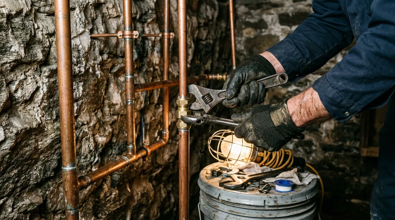 Plumber tightening a copper pipe fitting in a Douglas, MA basement