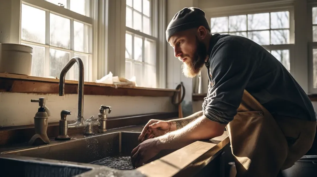 Nowak Plumbing plumber fixing a kitchen sink in Oxford, MA