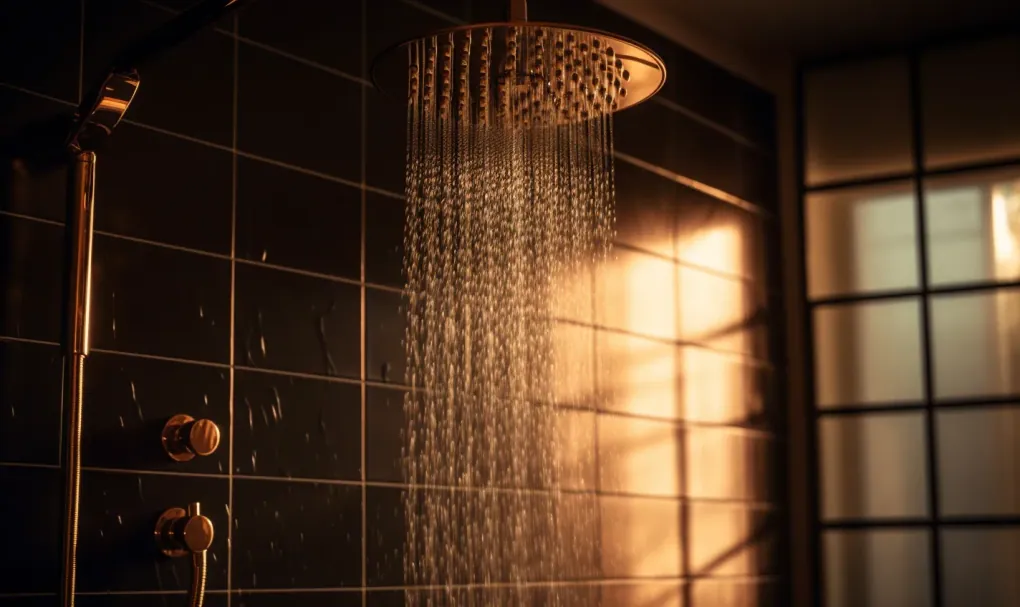 Rain shower head running in a dark tiled shower