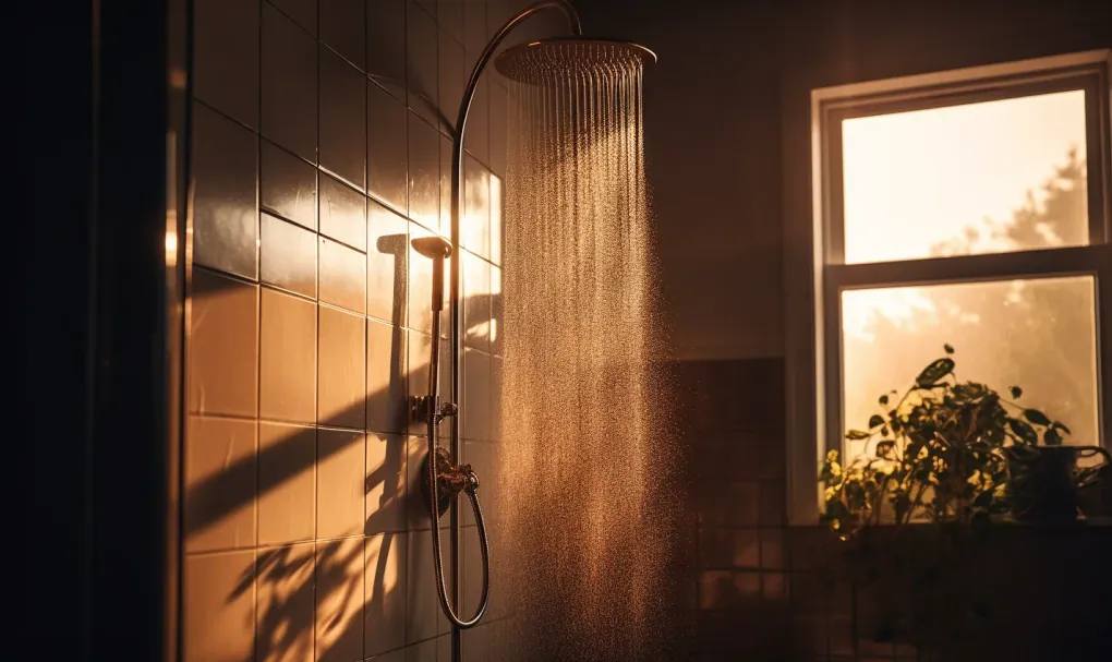Rain shower running in a sunlit tiled bathroom