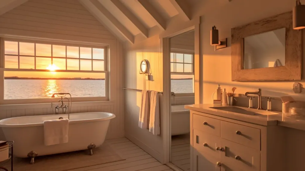 Remodeled bathroom with a clawfoot tub and a sunset view